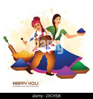 Bella coppia che suona festival di colori holi sfondo colorato Illustrazione Vettoriale