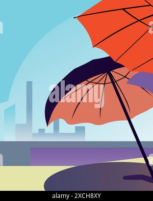 Gli ombrelloni da spiaggia sono arancioni e viola, sullo sfondo della città e del fiume. Illustrazione Vettoriale