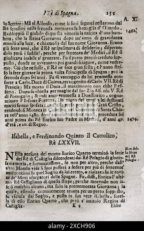 "Mappamondo Istorico". Volume IV parte due. Regni derivanti dal declino e dalla caduta dell'Impero Romano in Occidente. Dal 420 ad al 1692 d.C. Re di Spagna. Isabella (1451-1504) e Ferdinando il Cattolico (1452-1516). Di padre Antonio Foresti (1625-1692), della compagnia di Gesù. Parma, 1710. Autore: Antonio Foresti (1625-1692). Gesuita e storico italiano. Foto Stock