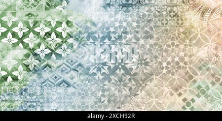 Vecchio marrone e verde e blu e grigio arrugginito vintage logorato mosaico geometrico scabby ornato patchwork motivi piastrelle in gres porcellanato pietra cemento Foto Stock