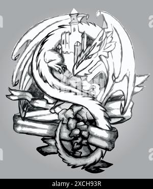 Drago con un castello, nastri e pietre. Su sfondo grigio. Monocromatico. Illustrazione Vettoriale
