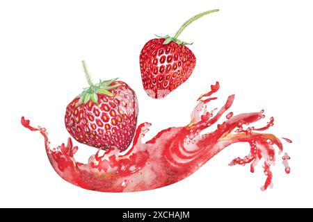 Illustrazione acquerello spruzzo di succo di fragole e frutti di bosco che scorrono. Acquerello dipinto a mano. Foto Stock