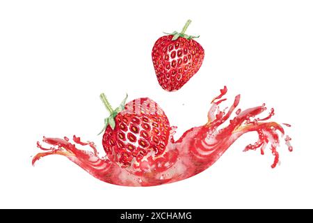 Illustrazione acquerello spruzzo di succo di fragole e frutti di bosco che scorrono. Acquerello dipinto a mano. Foto Stock