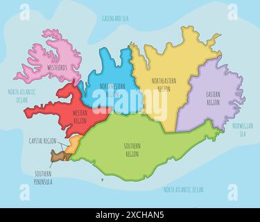 Mappa vettoriale dell'Islanda con regioni e divisioni amministrative. Livelli modificabili ed etichettati in modo chiaro. Illustrazione Vettoriale