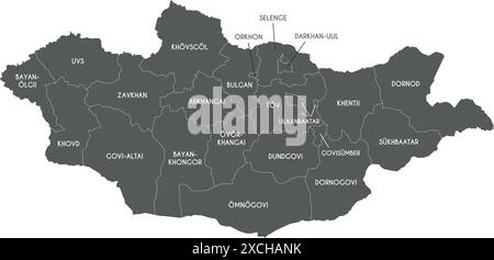 Mappa regionale vettoriale della Mongolia con province e divisioni amministrative. Livelli modificabili ed etichettati in modo chiaro. Illustrazione Vettoriale