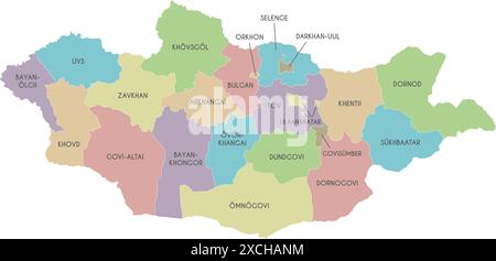 Mappa regionale vettoriale della Mongolia con province e divisioni amministrative. Livelli modificabili ed etichettati in modo chiaro. Illustrazione Vettoriale