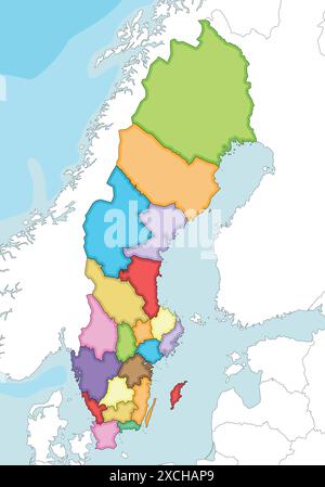 Vettoriale ha illustrato la mappa regionale vuota della Svezia con contee e divisioni amministrative, e i paesi vicini. Modificabile e chiaramente etichettato l Illustrazione Vettoriale