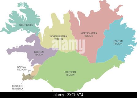 Mappa vettoriale dell'Islanda con regioni e divisioni amministrative. Livelli modificabili ed etichettati in modo chiaro. Illustrazione Vettoriale