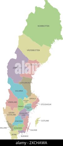 Mappa regionale vettoriale della Svezia con contee e divisioni amministrative. Livelli modificabili ed etichettati in modo chiaro. Illustrazione Vettoriale
