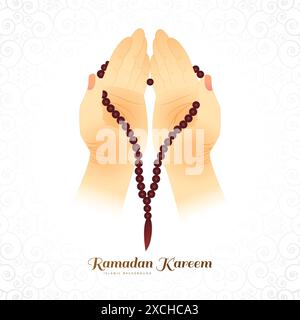 Donna musulmana che prega tenendo il rosario ramadan kareem disegno della carta Illustrazione Vettoriale