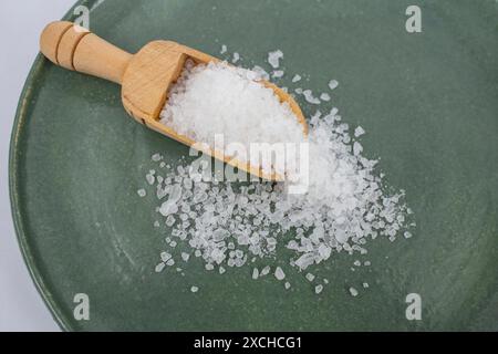 Cucchiaio in legno pieno di sale marino su un piatto di ceramica verde, con messa a fuoco morbida Foto Stock