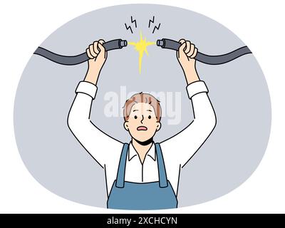 Elettricista maschio in cavi di collegamento uniformi. La spina meccanica spaventato unisce i fili elettrici. Elettricità ed elettricità. Illustrazione vettoriale. Illustrazione Vettoriale