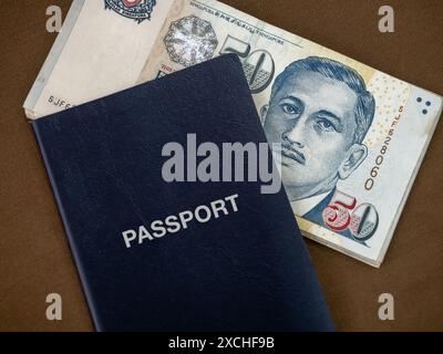 Primo piano in denaro in dollari di Singapore. Passaporto blu con banconota da 50 dollari di Singapore su sfondo di legno. Finanza aziendale e. Foto Stock