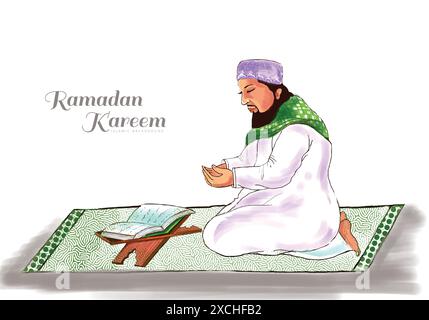 Uomo musulmano che legge il corano islamico che prega eid mubarak background Illustrazione Vettoriale