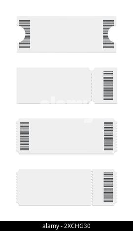 Modello di stub ticket vuoto astratto su sfondo bianco. Mockup ticket in forme diverse con codice a barre. Stile realistico. Illustrazione vettoriale Illustrazione Vettoriale