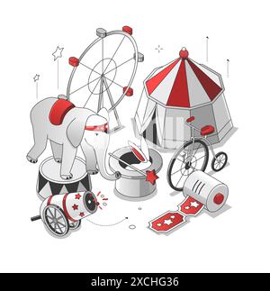 Circus Magic - illustrazione isometrica con linee nere e rosse Illustrazione Vettoriale