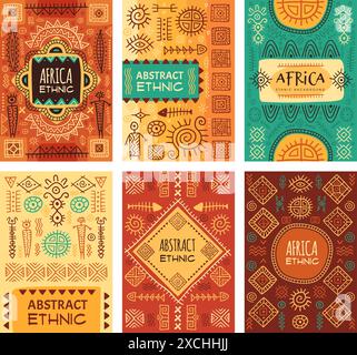 Poster africani. I simboli tribali geometrici disegnati per i cartelli progettano modelli vettoriali recenti di ornamenti africani Illustrazione Vettoriale