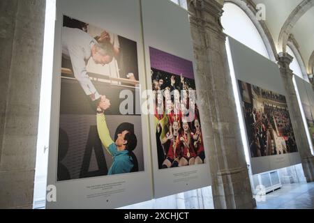 Madrid, Spagna. 17 giugno 2024. Un gruppo di visitatori guarda le immagini durante l'inaugurazione della mostra 'Felipe vi 2014 2024 Un decennio di storia della Corona di Spagna al Palazzo reale, il 17 giugno 2024 a Madrid Spagna (foto di Oscar Gonzalez/Sipa USA) Credit: SIPA USA/Alamy Live News Foto Stock