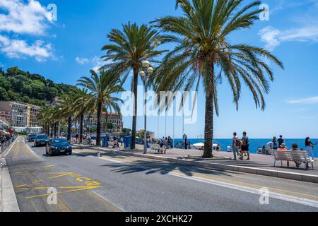 Quai des États-Unis fiancheggiato da palme, con colline du Château (parco in cima alla collina) oltre il lungomare di Nizza, la Côte Costa Azzurra, la Provenza, la Francia Foto Stock