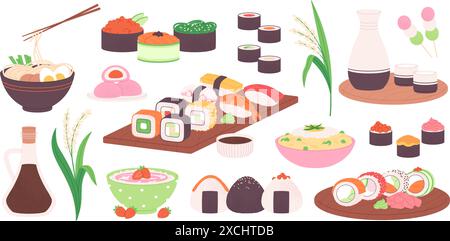 Cibo a base di riso. Gustosi prodotti asiatici, sushi e onigiri, spaghetti e bevande. Piante di riso isolate, dolci caramelle e salsa di soia, clipart vettoriale raccapricciante Illustrazione Vettoriale