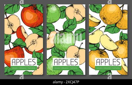 Etichetta Apple. Frutta matura naturale. Pianta da giardino. Prodotto dolce. Disegno a colori. Foglie d'albero. Raccolto succoso. Agricoltura di frutteto. Adesivo per colture organiche. Delineare l'ingrediente vegano. Set di banner per schizzi vettoriali Illustrazione Vettoriale