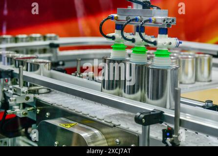 Prodotti alimentari in scatola su nastro trasportatore in magazzino di distribuzione. Concetto di sistema di trasporto pacchi Foto Stock