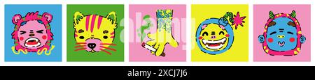 Personaggi pazzi. Volti di animali cartoni animati. Stravagante museruola tigre. Arte fantasy disegnata a mano di donna divertente e carino boom. Stampe divertenti. Braccio tatuato con sigaretta. Adesivo bomba. Set di carte di fumetti vettoriali per scarabocchi Illustrazione Vettoriale