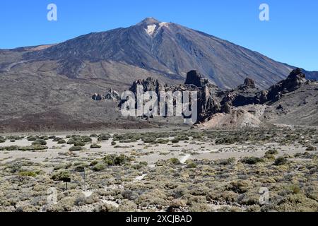 Vulcano El Teide visto da Llano de Ucanca. Parco nazionale Las Cañadas del Teide, Tenerife, Isole Canarie, Spagna. Foto Stock