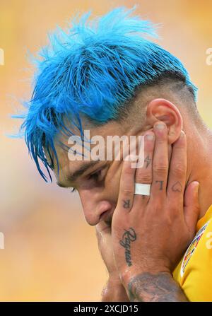 Monaco, Germania. 17 giugno 2024. Calcio, UEFA Euro 2024, Campionato europeo, Romania - Ucraina, turno preliminare, gruppo e, Matchday 1, Monaco Football Arena, Romania Andrei Ratiu reagisce. Crediti: Peter Kneffel/dpa/Alamy Live News Foto Stock