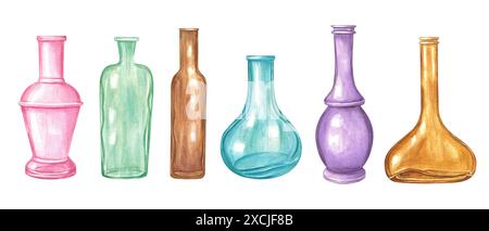 Varietà di bottiglie di vetro vuote colorate in diverse forme e dimensioni in tonalità pastello. Set di vetreria creativa. Per progetti d'arte, arredamento per la casa Foto Stock