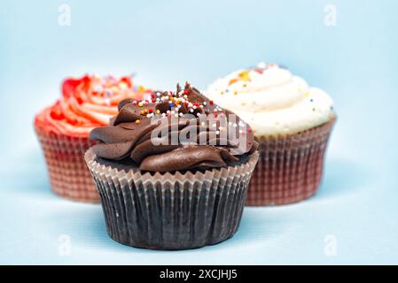 Deliziosi cupcake al cioccolato, alla vaniglia e alle fragole con colorate macchie su sfondo blu Foto Stock