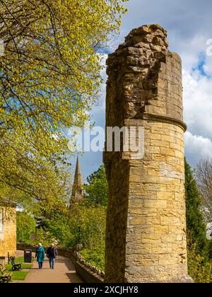 Sezione delle mura di pietra del Castello di Knaresborough, una fortezza in rovina che si affaccia sul fiume Nidd nella città di Knaresborough, North Yorkshire, Regno Unito Foto Stock