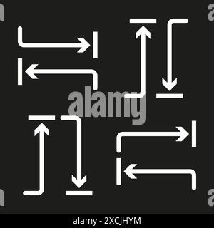 Frecce direzionali impostate. Frecce bianche su sfondo nero. Simboli di navigazione. Illustrazione vettoriale. Illustrazione Vettoriale