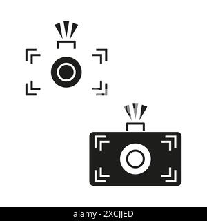Icona flash della fotocamera. Simbolo fotocamera semplice. Design in bianco e nero. Illustrazione vettoriale. Illustrazione Vettoriale