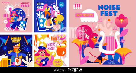 5 modelli di festival musicali. Bevande fresche, strumenti musicali, persone che suonano e si godono la musica. Illustrazione Vettoriale