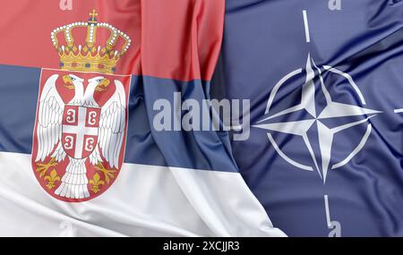 Le bandiere serbe e NATO sdraiate insieme, che sventolano nel vento. Rendering 3D. Foto Stock