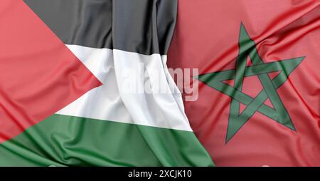 Tessuto della bandiera della Palestina che sventola accanto alla bandiera del Marocco. Rendering 3D. Foto Stock