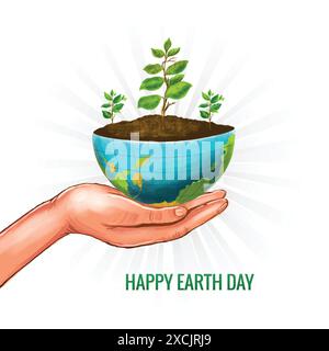 Mano che regge l'albero con il concetto di mezzo globo sfondo Happy Earth Day Illustrazione Vettoriale