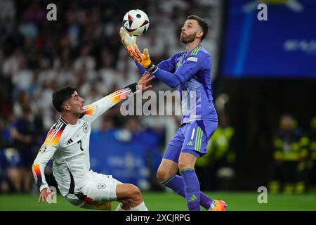 Angus Gunn di Scozia e Kai Havertz di Germania durante la partita di UEFA Euro 2024 tra Germania e Scozia, gruppo A, data 1, giocata all'Allianz Arena Stadium il 14 giugno 2024 a Monaco di Baviera, Germania. (Foto di Bagu Blanco / Sipa USA) Foto Stock