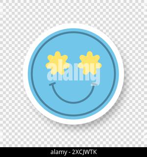 Un sorriso sorridente su uno sfondo trasparente. Un adesivo sorridente con un'ombra. Illustrazione Vettoriale