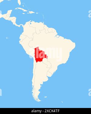 Mappa di localizzazione che mostra la posizione del paese Bolivia in Sud America. Il paese viene evidenziato con un poligono rosso. Anche i paesi piccoli sono marchi Foto Stock