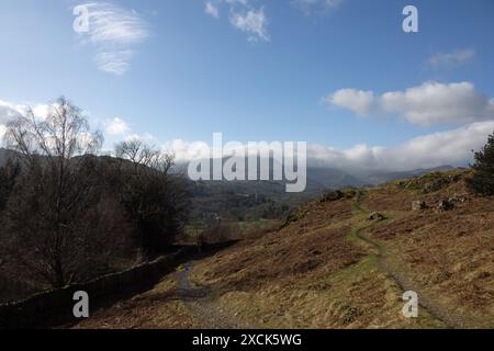 Bowfell osservò dal vicino Loughrigg Tarn il Lake District in Inghilterra Foto Stock