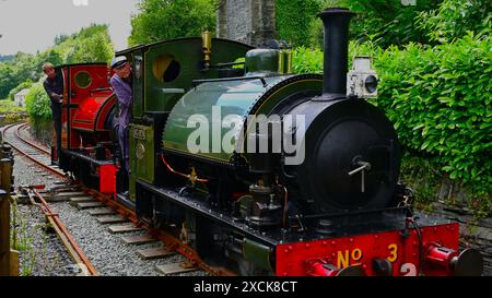 Corris Steam Railway con motore n. 3 Sir Haydn e Red Falcon in avvicinamento alla stazione ferroviaria di Corris nella valle di Dulas, Galles, Regno Unito Foto Stock