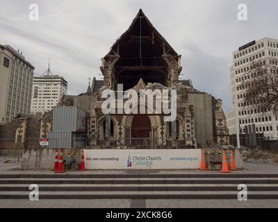 Lavori di ricostruzione della cattedrale di Christchurch danneggiati nel 2011 dal terremoto di Canterbury, South Island, nuova Zelanda Foto Stock