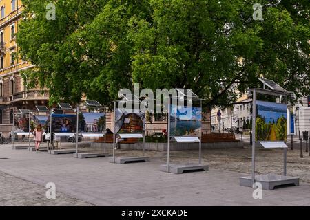 Cartelli pubblicitari solari per promuovere il turismo nella città svizzera di Ginevra nel rinnovato largo Treves, quartiere Brera, Milano, Lombardia, Italia Foto Stock