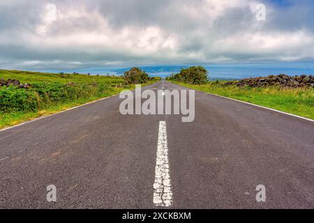 Strada asfaltata con il bellissimo paesaggio che circonda l'isola di Pico nell'arcipelago delle Azzorre. Foto Stock