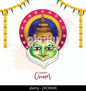 Illustrazione del biglietto d'auguri per il festival dell'india meridionale onam con sfondo kathakali Illustrazione Vettoriale