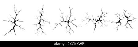 Incrinature a terra, rotture sulla superficie del terreno. Serie di fessure vettoriali realistiche nel terreno, fessure causate da calamità o siccità, fratture nere vista dall'alto. Illustrazione Vettoriale