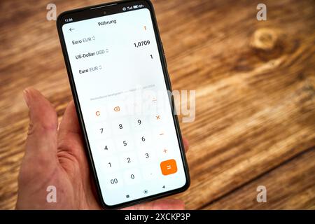Germania - 17 giugno 2024: L'app per il convertitore di valuta è aperta su uno smartphone o un telefono cellulare. Viene effettuato un calcolo del tasso di cambio attuale rispetto all'euro e al dollaro. *** Währungsrechner App ist auf einem smartphone, bzw. Pratico geöffnet. Eine Berechnung des aktuellen Wechselkurses im Bezug auf Euro und Dollar findet statt. Foto Stock
