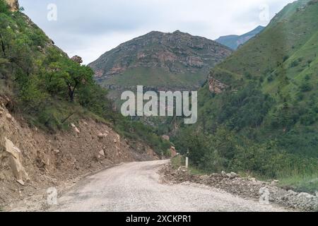 Una strada sterrata si snoda attraverso una valle di montagna. La strada è rocciosa e accidentata, e gli alberi che costeggiano i lati della strada sono scarsi. Il cielo è coperto Foto Stock